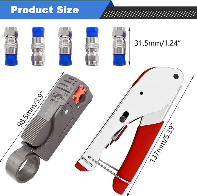 mxuteuk RG59 RG6 Coax Cable Crimper Tool Coaxial Compression Tool Fitting Wire Stripper With 5PCS F Type RG6 Compression Connectors