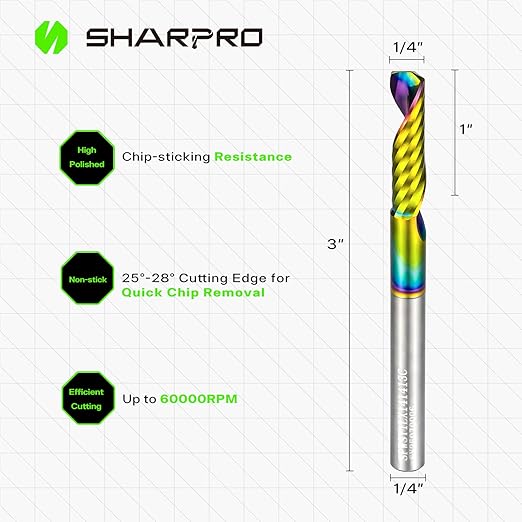 O Flute Upcut Spiral Router Bit 1/4 Inch Shank 1/4 Inch Cutting Dia. Carbide Single Flute CNC Router Bit with Coated, Ideal for Aluminum, Plastic, Acrylic, Wood, MDF and PVC