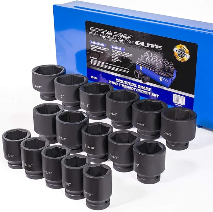 Stark USA Premium 21-Pieces SAE Jumbo Impact Socket Set 1" inch Drive Extension Bar Cr-Mo 6-Point Socket with Carrying Case