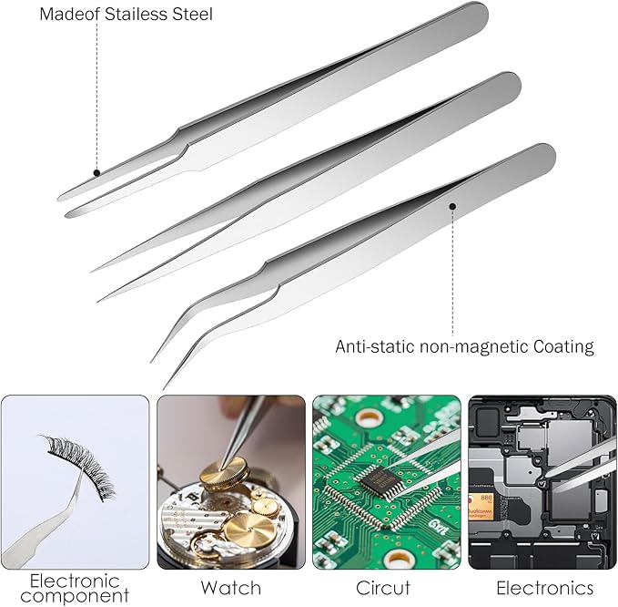 3PCS Precision Tweezers Set, Anti-Static Stainless Steel of Tweezers Set Sliver Industrial Tweezer Model Hobby Making Tools for Electronics Industrial Laboratory Work Model Craft Jewelry Making