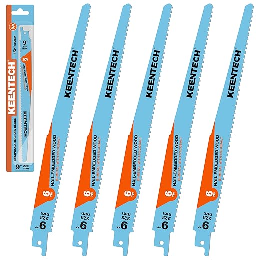 KEENTECH 9 Inch Bi-Metal Reciprocating Saw Blade 5-Pack for Fast Wood Demolition, 6 TPI, Fits Milwaukee Sawzall and Other Reciprocating Saws