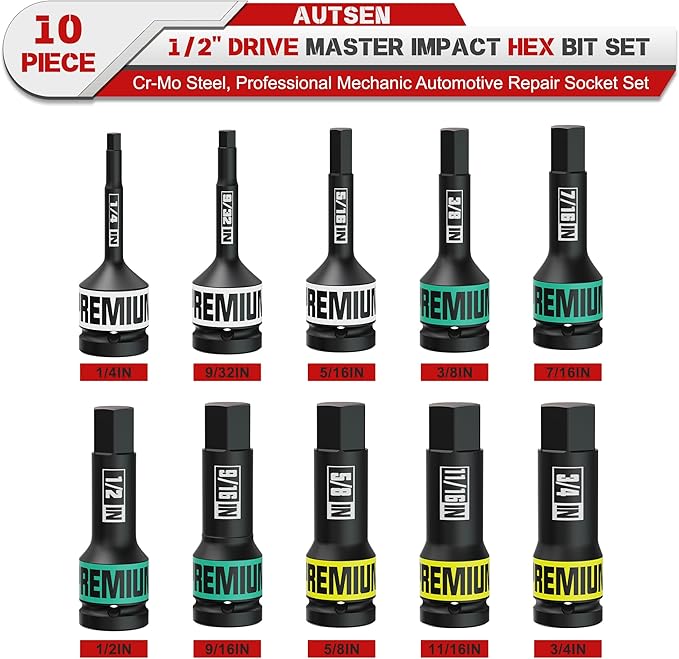 1/2" Drive Impact Hex Bit Socket, 10 Piece Allen Bit Socket Set, 1/4" - 3/4", SAE, Cr-Mo Steel, Ideal for Professional Mechanic Automotive Repair