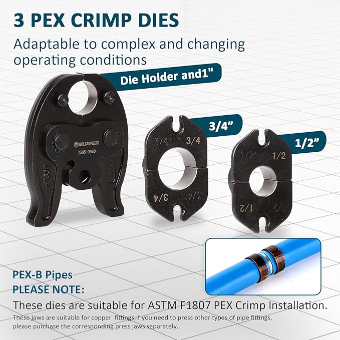 Mini Press Tool Pressing Kits Set with 3 PEX Crimp Dies F1807 1/2??3/4??1?쓀S Compact, Brushless Motor, 2pcs 18V 2Ah Battery, Domestic and Industrial