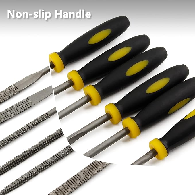 Bivethoi Metal Files Set of 6, Carbon Steel Rasp with Non-Slip TPR Rubberized Handle for Wood, Metal, Sharpening - Flat, Square, Triangle, Cylinder, Cone, Half-Round