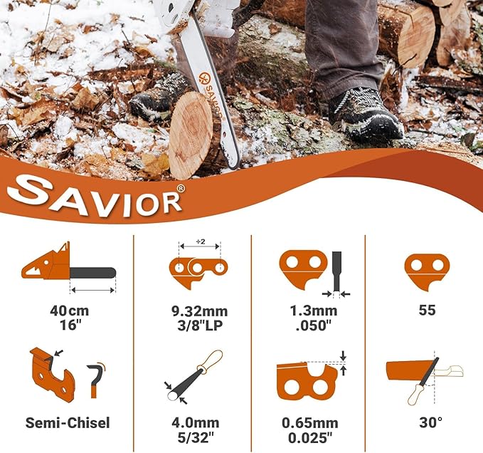 Savior 3 Pack 16 Inch Chainsaw Chain 3/8" LP Pitch .050" Gauge, 55 Drive Links Replace STIHL 63PM3 55, 3613 005 0055, Oregon 91PX055G, T55, S55, Fits 021 MS 170 MS 210 Poulan PLN3516F Chain and More