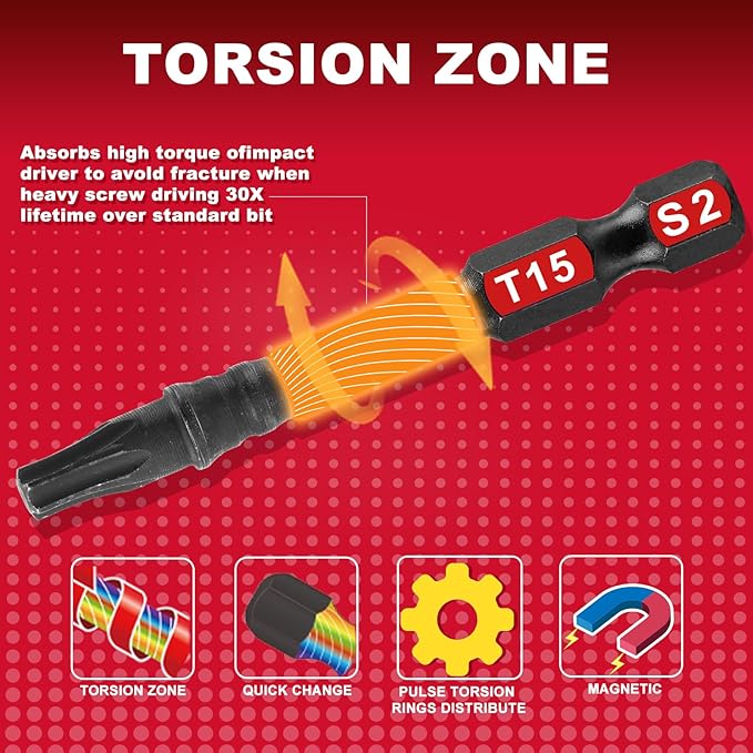 15 Pieces T15 Impact Tough Magnetic Screwdriver Bit Set, 2 In. #15 Torx Head Power Bit Set, S2 Alloy Steel T15 Star Bit Set