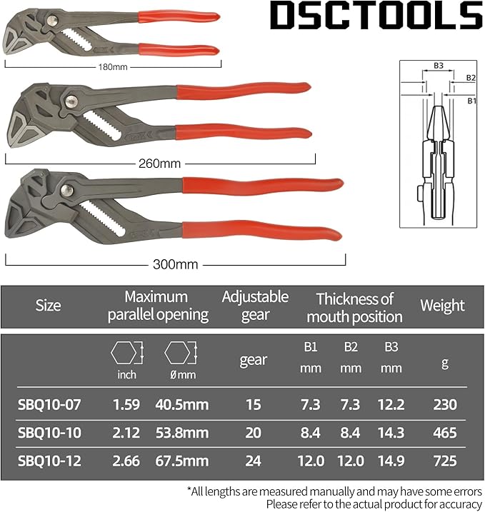 DSCTOOLS Multi-Use Adjustable Plier Wrench, Push Button Quick Adjust Tongue-and-Groove Pliers,Slip Joint Pliers, Plumbing Pliers (7/10/12Inch) (7"/175MM)