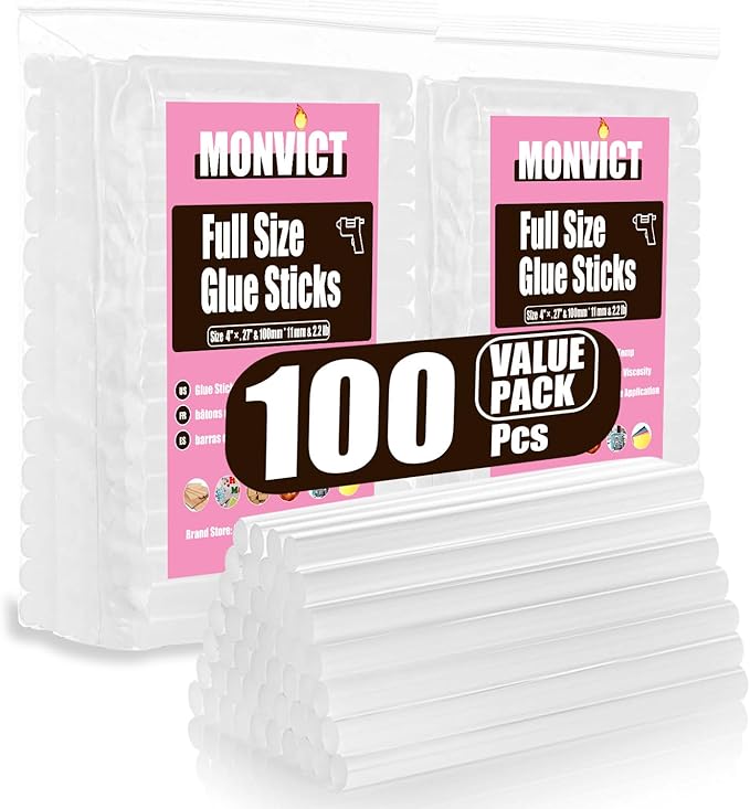 MONVICT Hot Glue Sticks, Pack of 100 (2.2 lb) 4"Long 0.43" Diameter Full-Size Hot Glue Gun Sticks Art Glues Pastes Hot Melt Sticks for Most Large Glue Guns, Clear Glue Sticks for DIY, Arts & Crafts