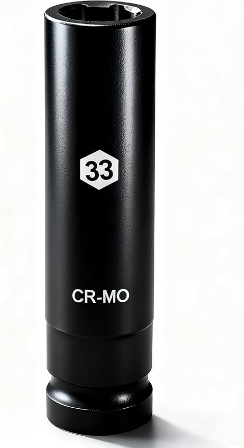 1 Inch Driver 33mm Extra Deep Impact Socket, 7.9 inch Length Deep Axle Nut Socket,6 Point Cr-Mo Deep Truck Wheel Nut Socket,Radius Corner Design, Chamfered Opening