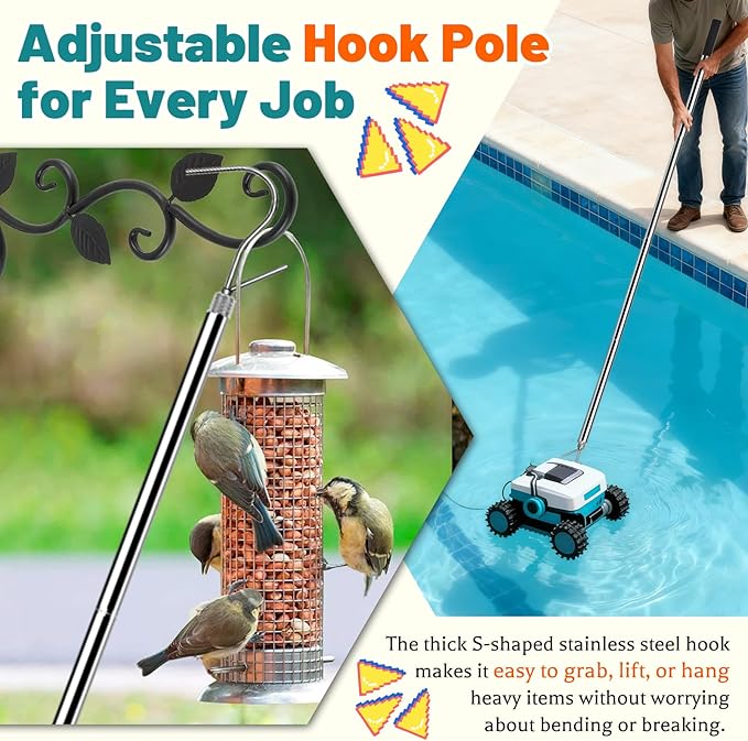 65 Inch Adjustable Pole with Net and Hook Multi-functional Pole Net Hook Tool Pool Skimmer Pole Net and Sturdy Truck Cargo Retrieval Pole Combo for Pool, Pond, Hanging and Removing Heavy Items