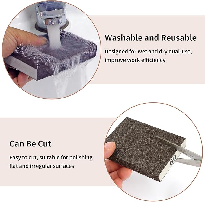 8 Pack Sanding Sponge, Sanding Blocks 60 Grit Assortment, Sand Paper for Wood Furniture, Sander Pads, Washable and Reusable Sandpaper for Drywall Metal Glasses Repair (60 Grit)