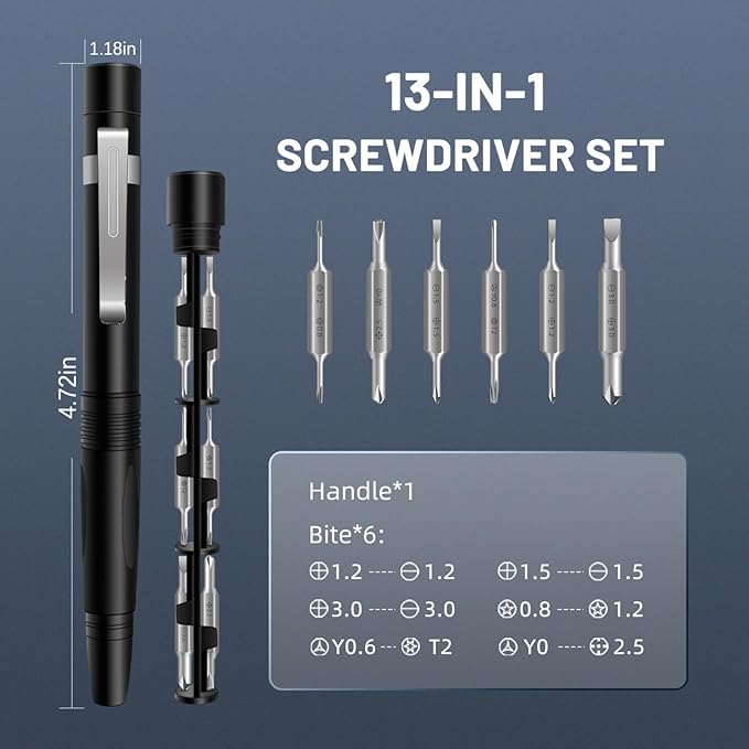 13 in 1 Magnetic Precision Screwdriver Pen, Aluminum EDC Mini Screwdriver Set with 6 Double-Ended Bits, Hidden Storage Design for Eyeglasses, Watches, iPhone, Laptop & Electronics Repair (13IN1-Grey)