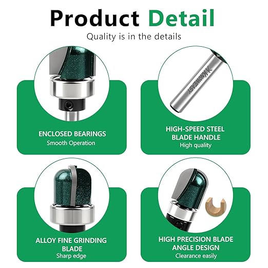 Knoweasy 3-Piece Bowl and Tray Router Bit Set with 1/4-Inch Shank, Carbide Tipped Round Nose Bits with Bearings for Juice Grooves, Includes 1/2, 3/4 and 1-1/8 Inch Sizes for Woodworking