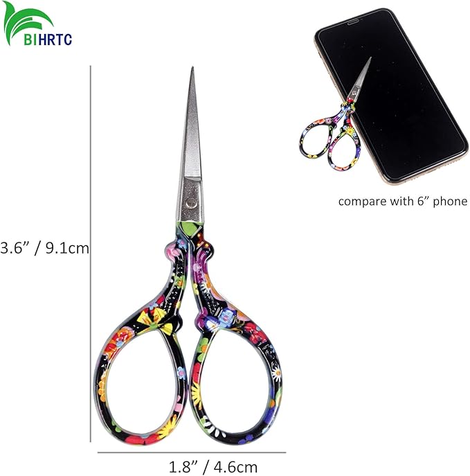 BIHRTC 3.6 Inch Scissors Small Embroidery Sharp Stainless steel Pointed Scissors Cross Stitch DIY Tool for Sewing Craft Needwork Needpoint Artwork Black Flower Scissor
