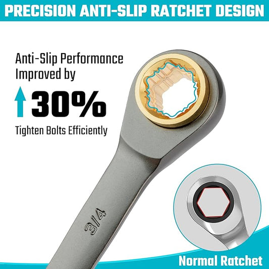DURATECH Anti-slip 4-in-1 Reversible Ratcheting Box Wrench Set, Double Box End, SAE, 2-Piece, 5/16, 3/8, 7/16, 1/2 & 9/16, 5/8, 11/16, 3/4-Inch, CR-V Steel, Nickel Plated, with Rolling Pouch