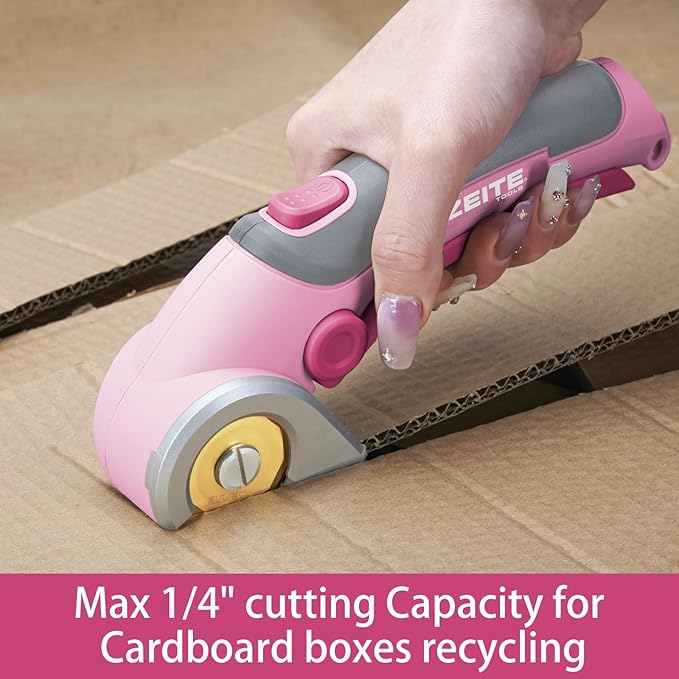 ZEITE 4V Cordless Scissors,Electric Cardboard Box Cutter with Titanium Coated HSS Blades,Stocking Stuffers for Men Gifts Christmas,Storage Case,Pink