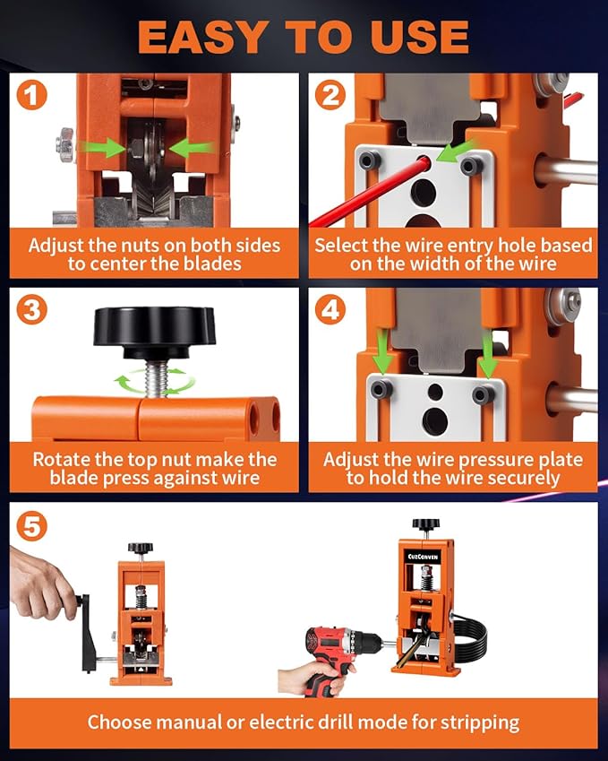 CuzConven Wire Stripper Machine,0.04-1 Inch Scrapping Copper Wire Peeler Machine, Drill Powered/Hand Crank Dual-drive Wire Stripper Tool for Scrap Copper Recycling & DIY etc.