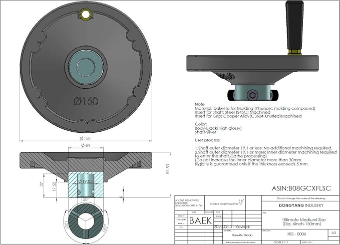 OD 6" Ultimate Handwheel for Any Machine, Fits 3/4" (19.10mm) Shaft or Smaller, Ideal for Table Saw, Milling Machine, Lathe, Drill Press, Tailstock, Liquid Filling Equipment ??Made in Korea