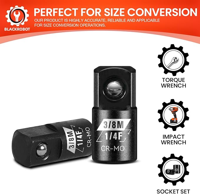 BLACKROBOT 4 Piece 1/4?쒯 To 3/8?쒶 Impact Socket Adapter Set,SAE Drive Cr-Mo Steel Exceeds ANSI Standards,Square Drive Reducer for Impact Driver Wrench