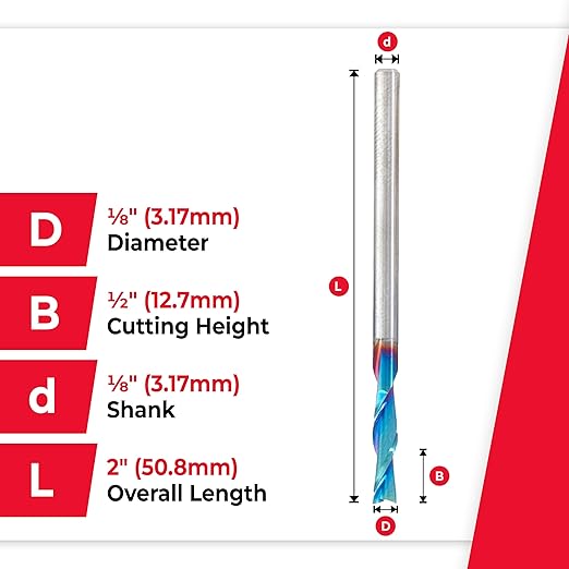 Amana Tool Solid Carbide Spektra Extreme Tool Life Spiral Plunge Router Bit Down-Cut, 46227-K, 1/8 Dia x 1/2 CH x 1/8 Shank 2 Inch L