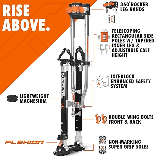 SurPro Double-Sided Drywall Stilts, Magnesium Base, 26??- 40??Height, QuadLock Contractor-Grade Stilts with Patented Flexion Foot System (S2X-M-2640) for Drywallers, Painters, Stilts Drywall