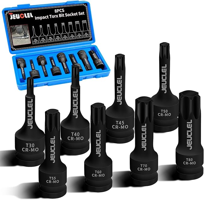 8PCS Torx Star 6 Point Impact Bit Socket Set, T30 T40 T45 T50 T55 T60 T70 T80 1/2-Inch Impact Drive Allen Socket Kit, Cr-Mo Steel Socket Remover Hand Repair Tool