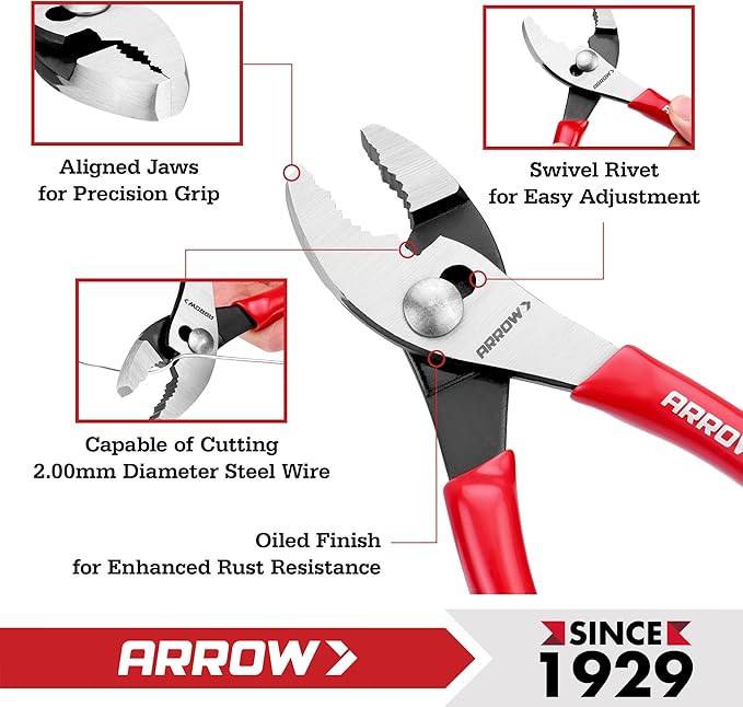 ARROW 6" Slip Joint Pliers, Small Pliers with Thick Dip-Grip Handle, High Carbon Steel, Strong Grip Jaws, Pliers Tool for Gripping, Loosening Nuts and Bolts, Cutting Steel Wire