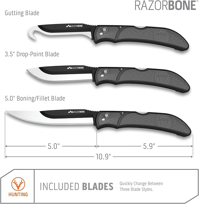 OUTDOOR EDGE RazorBone Replaceable Blade Folding Hunting Knife with Clip & Sheath. 3 Butcher Knife Blade Styles - Boning, Gutting, & Skinning Knives. Gray, Camo Sheath, 6 Blades & Blade Box