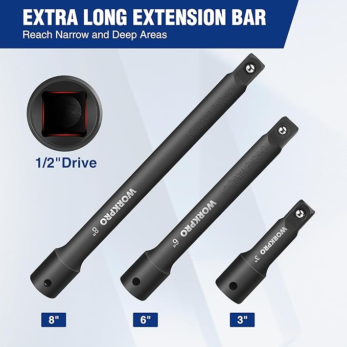 WORKPRO 1/2" Drive Impact Extension Bar Set, 3 PCS Socket Extensions, 3?? 6??and 8??Length, Premium Chrome Vanadium Steel with Black Phosphate Finish