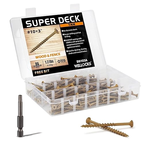 WELLOCKS Deck Screws, Wood Screws, Tan, Superior Rust Resistant, Epoxy Coated, Above 1000 Hour Salt Spray Coating T25 Torx Star Bit Included for Outdoor Wood Fence (1.2LBS Tan, #10횞3")