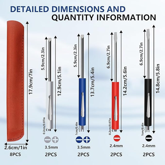 8pcs Pocket Screwdriver Set with 8 Synthetic Leather Case, Removable Screwdriver Pen, Magnetic Slotting, Valve Core Tool Mini Screwdriver with Dual Bits.