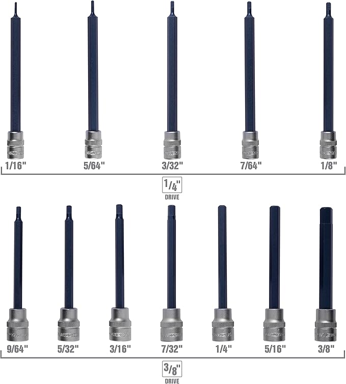 OEMTOOLS 23563 12-Pc Extra Long Hex Socket Set (SAE), Hex Bit Socket Set 1/4" and 3/8" Drive, 1/16"-3/8" S2 Steel Bits, Storage Case Included