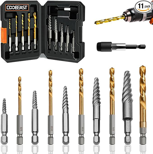 11Pcs Screw Extractor Set, Left Hand Drill Bit and Bolt Extractor Kit Easy to Remove Stripped Broken Damaged Screw Bolt and Nut Out, Reverse Drill Bit Extractor Set with Sturdy Case