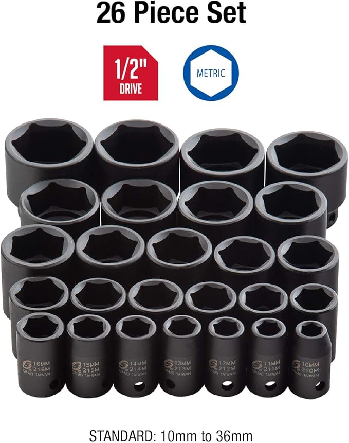 Sunex 2645, 1/2 Inch Drive Impact Socket Set, 26-Piece, Metric, 10mm-36mm, Cr-Mo Alloy Steel, Radius Corner Design, Heavy Duty Storage Case
