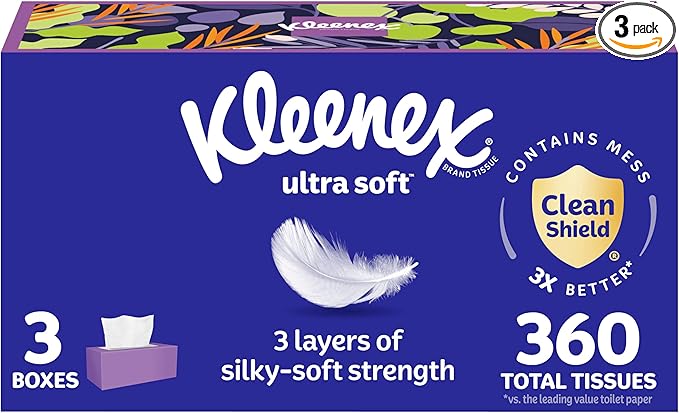 Kleenex Ultra Soft Facial Tissues, 3 Flat Boxes, 120 Tissues per Box, 3-Ply (360 Total), Packaging May Vary