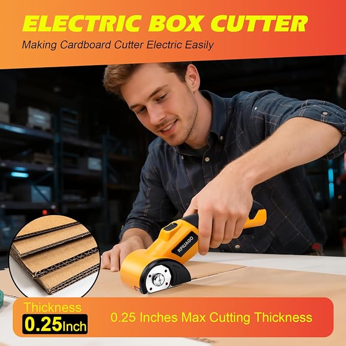 Rechargeable Electric Scissors, 4.2V Cardboard Cutter Electric with LED Light & Safety Lock, 3000mAh Battery & 2 SK5 Rotary Blades, Electric Box Cutter for Cardboard, Fabric, Leather, Plastic