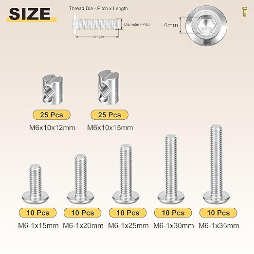 METALLIXITY Crib Screws Replacement Set(M6-1x15/20/25/30/35mm) 100Pcs, Silver, Connector Bolt M6 Screw Barrel Nuts Binding Screws, for Chair Cabinet Bed, Silver
