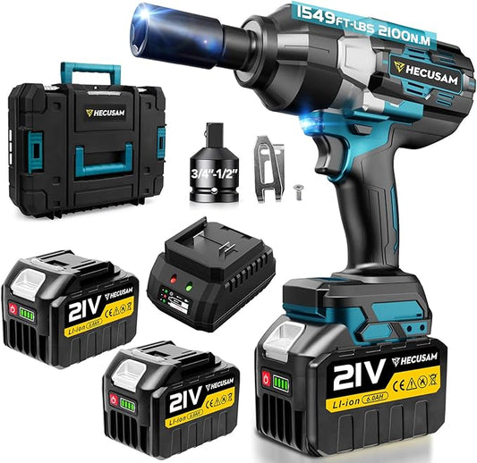 3/4" Cordless Impact Wrench, 1549Ft-lbs(2100N.m) Brushless Impact Gun, 2x6.0Ah Batteries, Max 5100RPM with Reverse Auto-Stop & LED Light for Car Truck Lug Nuts, Auto Repair, Industrial & DIY