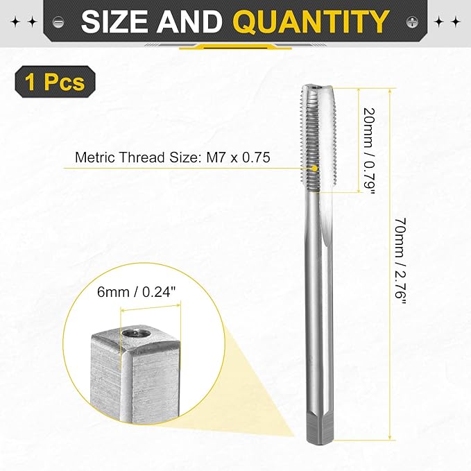 uxcell Hand Plug Tap M7 x 0.75 H2 Metric Thread Plug Style Taps Straight Flute Screw Tapping Threading Tool High Speed Steel HSS6542