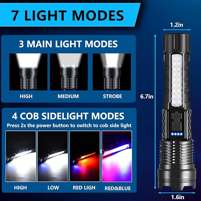 Rechargeable LED Flashlights, 90,000 Lumens Super Bright Flash Light, 7 Modes with COB Work Light, IPX6 Waterproof, Adjustable Tactical Powerful Handheld Flash light for Home,Camping and Emergencies