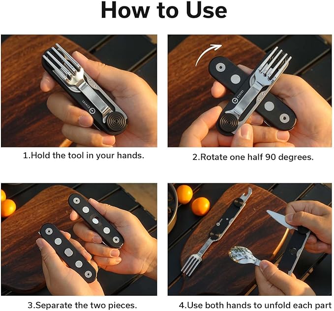 CIVIVI Partake 4-in-1 Camping Utensil, Detachable Stainless Steel Folding Knife, Fork, Spoon & Bottle Opener Multi-Tool, with Waxed Canvas Pouch for Travel Camping Hiking C24032C-1, Black