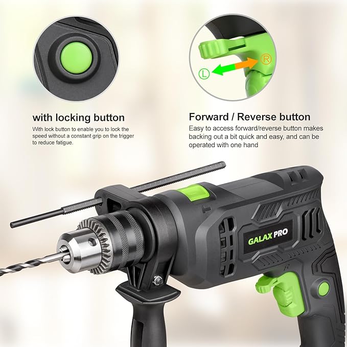 GALAX PRO 4.5Amp 0-3000RPM Corded Hammer Drill, 5pcs Bit, Hammer and Drill 2 Functions in 1 with 12 Variable Speed, 1/2 Inch Keyed Metal Chuck, 360째Rotating Handle