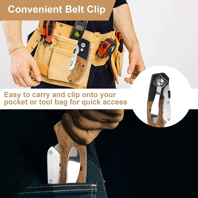 Harita Utility Knife Box Cutter with Belt Clip, Extra 5 pack refilled Blades and Wood Handle Heavy Duty Cutter, Quick-change & Safety Back Lock