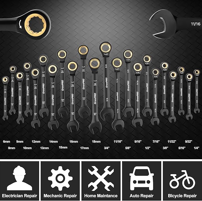 GRENPRO Ratcheting Wrenches Set, Combination Wrench Sets With Organizer Box, 23PC SAE & Metric And Standard, 1/4" to 3/4" & 6-18mm, Open End Wrench Set, Electrophoretic Coating Sock Mechanic Tools
