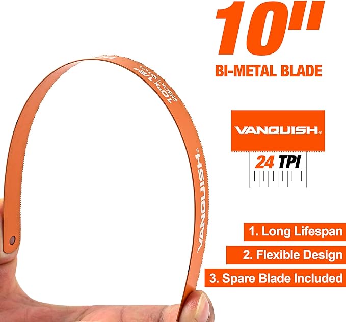 VANQUISH Hacksaw, Compact Hand Operating Hack Saw with 10 Inch Aluminum Frame, Bi-Metal HSS Blades, Suitable for Wood and Metal Mini Hacksaw 4851
