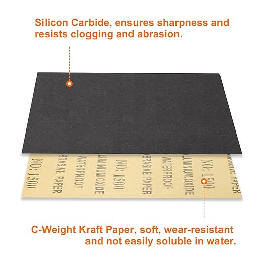 HARFINGTON 25pcs Sandpaper 1500 Grit 9 x 11 Inch C-Weight Backing Silicon Carbide Abrasive Wet Dry Sanding Sheets for Wood Finishing, Metal Sanding, Automotive Polishing