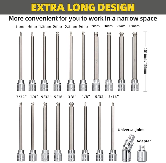3/8 Inch Drive Extra Long Hex Bit Socket Set, 20-Piece Ball End Allen Socket Set With SAE and Metric 1/8 Inch to 3/8 Inch & 3mm to 10mm, CR-V and S2 Steel