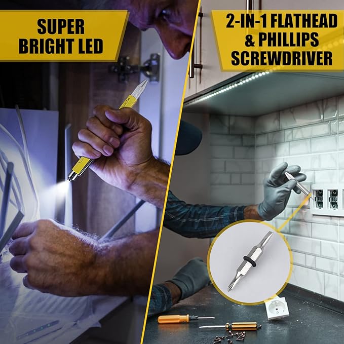 Christmas Stocking Stuffers Gifts for Men, White Elephant Gifts for Adults Dad Boyfriend Him Husband, 9 in 1 Multitool Tool Pen Set, Screwdriver, LED Light, Stylus, Bottle Opener, Ruler, Level(Yellow)