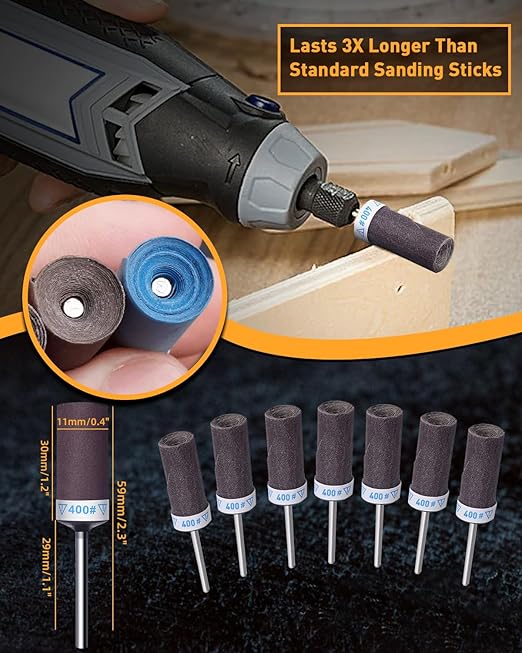 10Pcs 400 Grit Sanding Drums Sandpaper Sticks Set for Dremel Rotary Tool with 1/8" Shank, Rotary Tool Accessories Suitable for Metal Rust Removal/Jade Polishing/Stone Grinding (400 Grit)