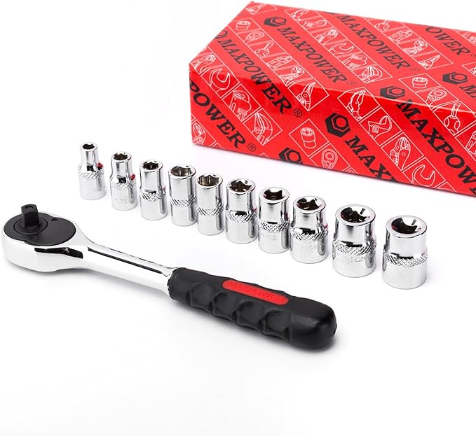 MAXPOWER 11-Piece 1/4" Ratcheting Socket Wrench Set Quick Release Reversible Ratchet Handle and Swappable Spanners Inch Imperial Sockets with Hanging Rack